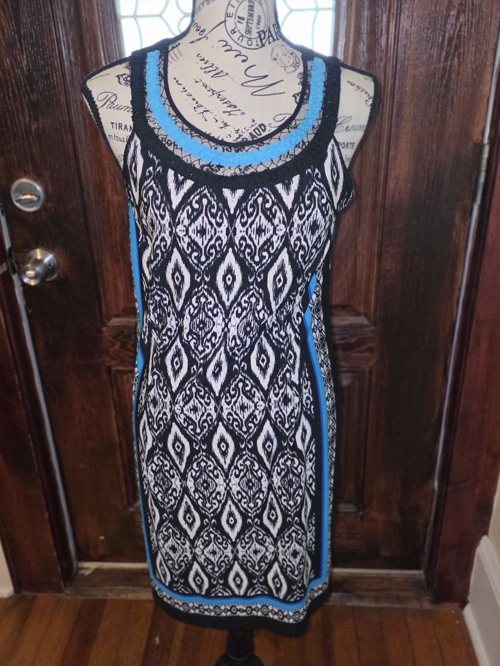Studio One's Black & White Patterned Tank Dress with Blue Trim Small